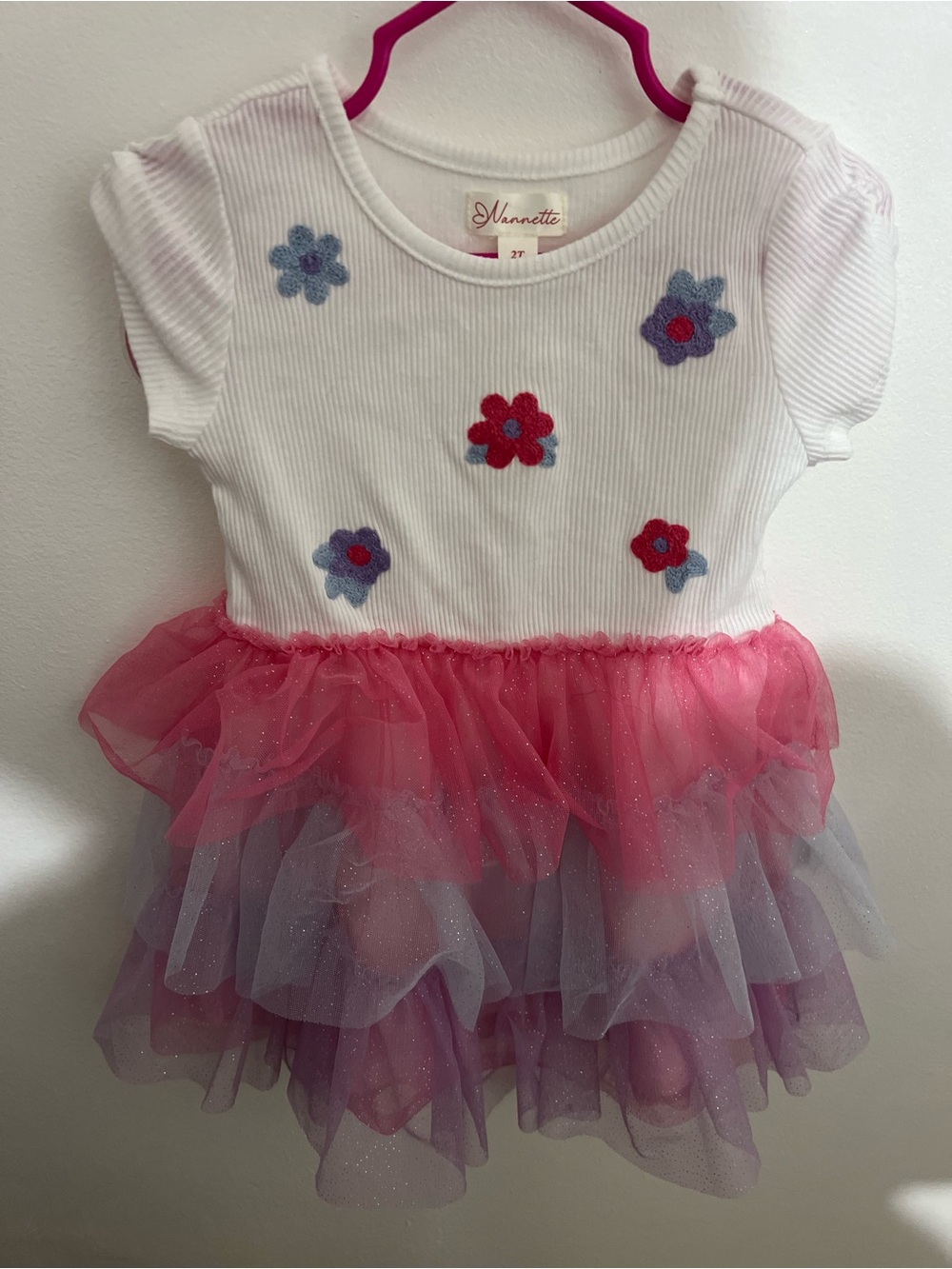 White Floral Ribbed Top Pink & Purple Tulle Dress